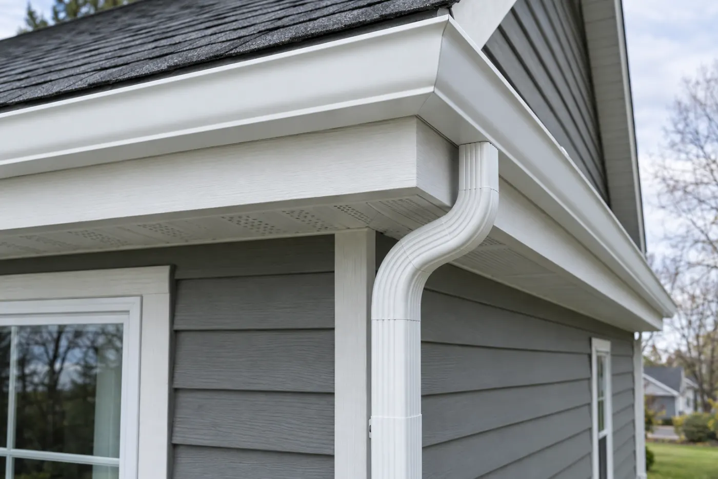 New white seamless aluminum gutter and downspout on the corner of a gray-sided home