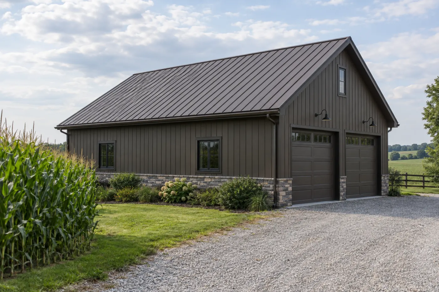 Standing seam metal roof on a farm outbuilding with a gravel drive and a corn field at the edge