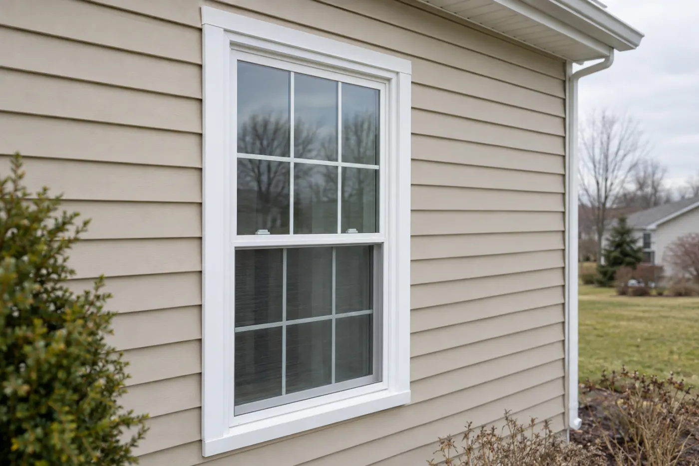 Newly installed white double-hung replacement window with clean exterior trim on a beige vinyl-sided home