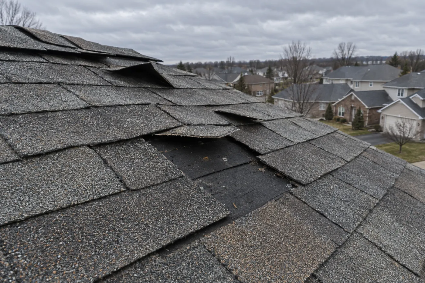 Wind-lifted asphalt shingles and an exposed patch of underlayment on a residential roof under a gray sky